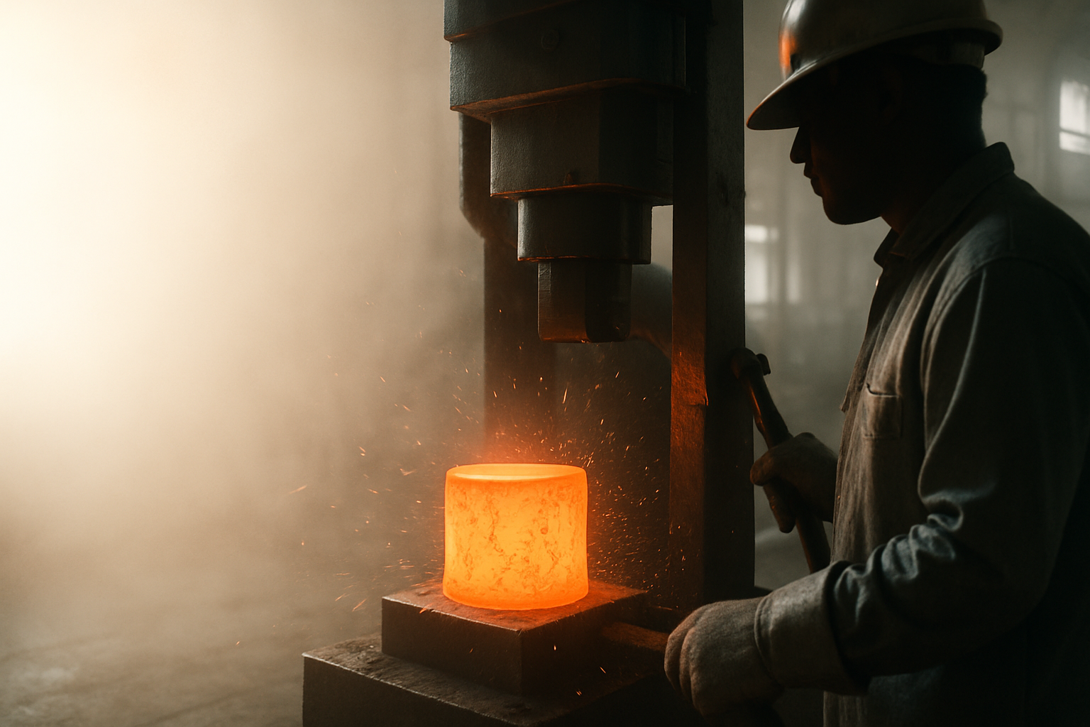 Forged components glowing from heat treatment